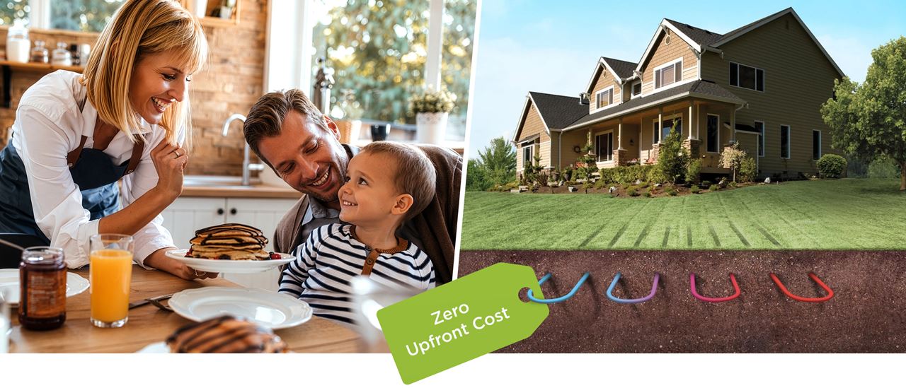 Family and house with geothermal loops, no upfront cost geothermal